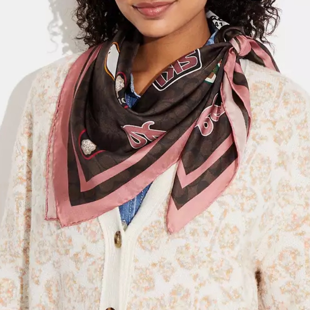 Coach Brown and Pink Signature Ski Patch Silk Scarf - Picture 3 of 8